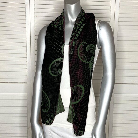 Dana Herbert Dark Purple Green Flocked Velvet Geometric Baroque Print Scarf 60" - Picture 5 of 12